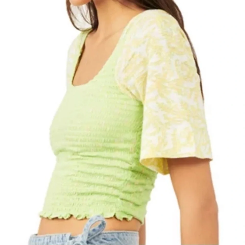 Free People Marigold Top Key Lime Combo Floral Smocked Cropped Size Medium